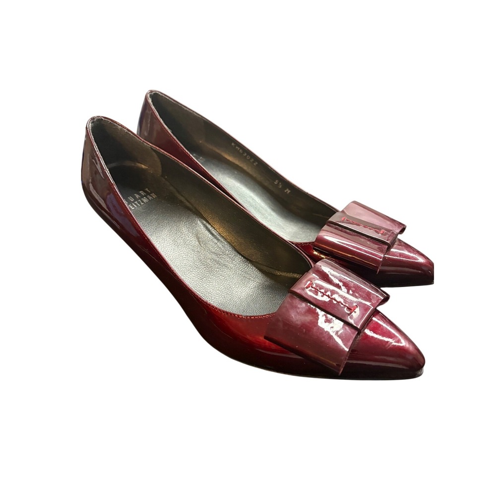 Stuart Weitzman Burgundy Patent Leather Bow Pointed Toe Kitten Heels Pumps 5.5 M